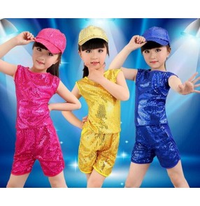 Royal blue fuchsia hot pink yellow gold sequined girls boys kids child children toddlers kindergarten baby summer spring modern dance jazz dance stage performance school play costumes set